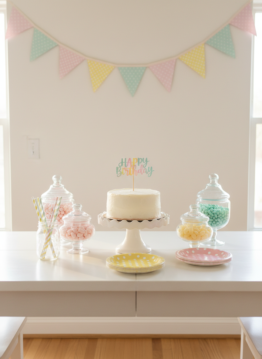 A whimsical birthday party dessert table set up in a bright dining room, styled with a pastel rainbow color palette.