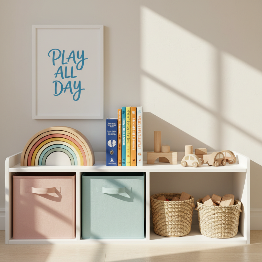 A sun-drenched playroom shelf styled with pastel fabric storage bins, a wooden rainbow stacker, and a row of hardcover children’s books standing upright with their colorful spines facing forward. Small woven baskets hold neatly sorted blocks and toy cars, and a framed, hand-lettered print saying “play all day” leans against the wall. Natural mid-morning light streams in from a window to the right, casting soft, playful shadows and gentle highlights on the smooth wood and woven textures. Photographic realism, straight-on composition at shelf height with sharp focus throughout, creating a bright, joyful, and tidy atmosphere that celebrates everyday family life and kid-friendly organization at home.