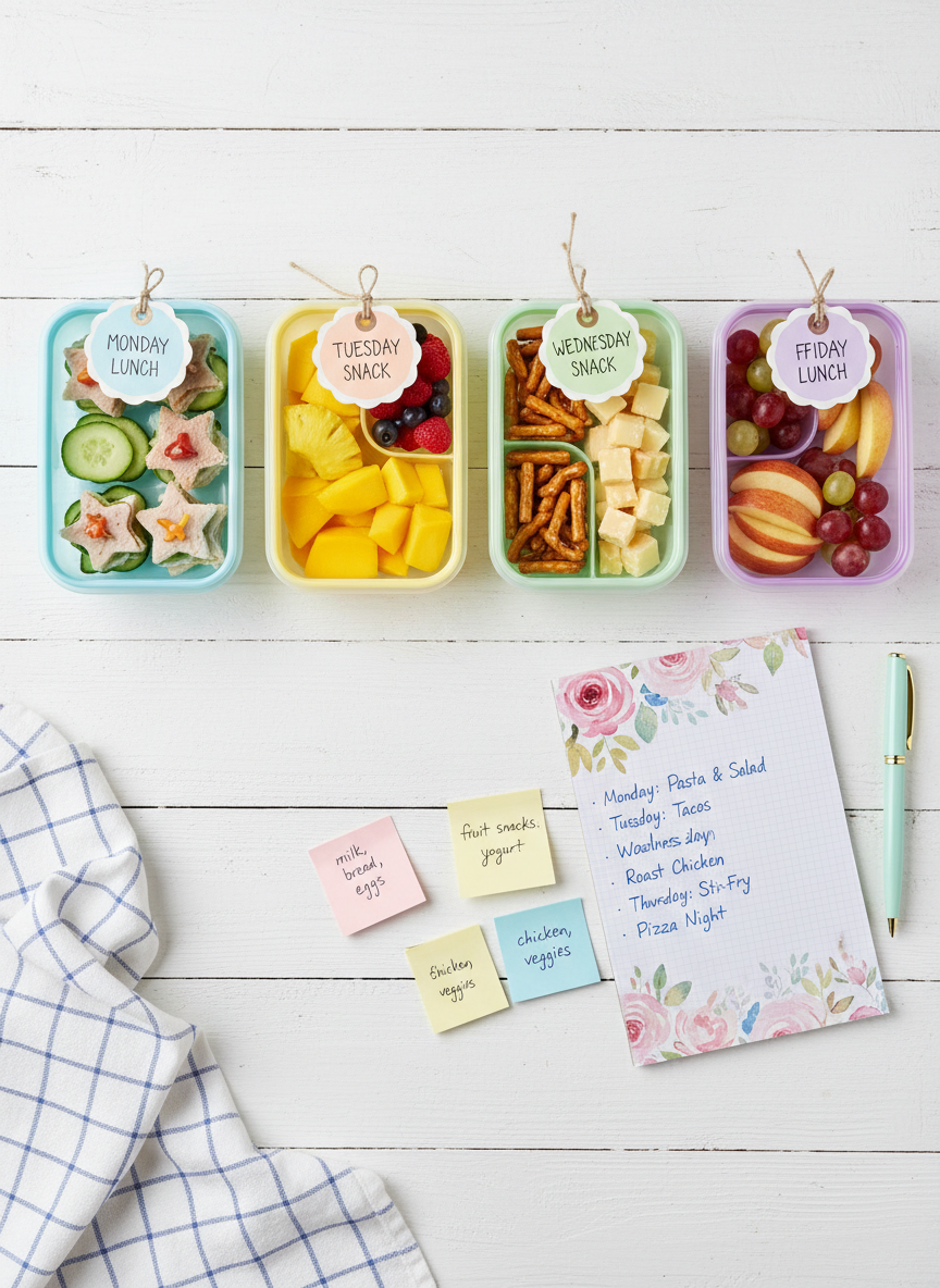 A playful flat lay on a whitewashed wooden surface, showcasing color-coded plastic food storage containers neatly filled with bright sliced fruits, mini sandwiches, and snack mixes.