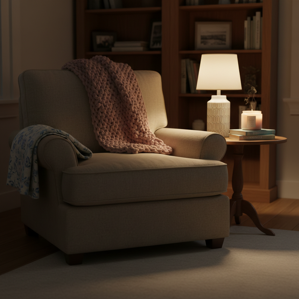 A cozy living room corner styled for quiet evening routines, featuring an overstuffed, oatmeal-colored armchair draped with a chunky knit blush throw blanket.
