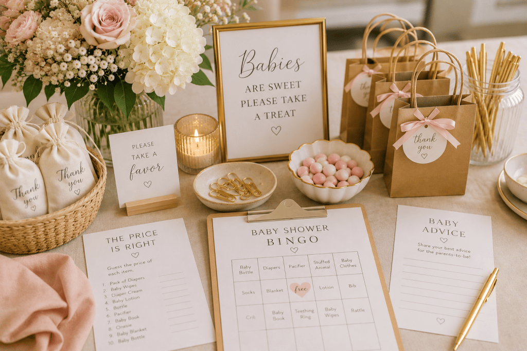 A beautifully arranged baby shower table featuring a bouquet of flowers, decorative signs, favor bags, and games.