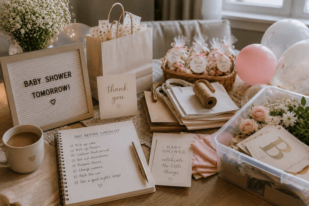 A cozy table setup for a baby shower, featuring a sign that says 'Baby Shower Tomorrow!', a checklist notebook, a cup of coffee, decorative items, gifts in a basket, and fresh flowers.