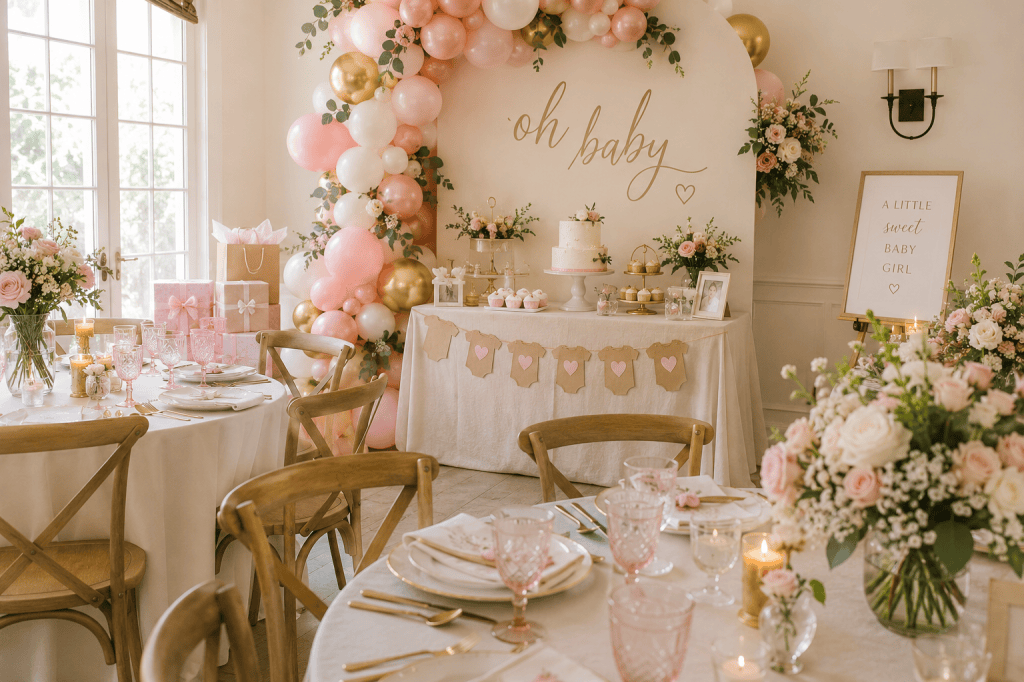 A beautifully decorated baby shower scene featuring a white table with pink and gold accents, a cake stand, cupcakes, and floral arrangements. A backdrop with a balloon arch reads 'oh baby,' complemented by a sign that says 'A little sweet baby girl.'