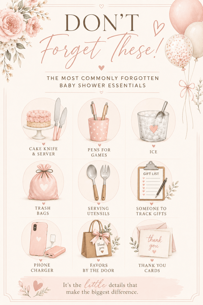 Infographic listing commonly forgotten baby shower essentials, including a cake knife, pens, ice, trash bags, serving utensils, a phone charger, favors, and thank you cards.