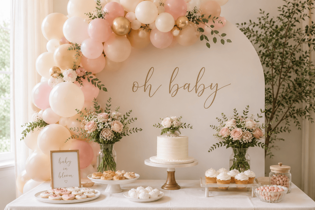 A beautifully decorated dessert table for a baby shower featuring a pastel balloon arch with flowers, surrounded by a variety of sweet treats including cupcakes, cookies, and a cake, with the phrase 'oh baby' displayed prominently.