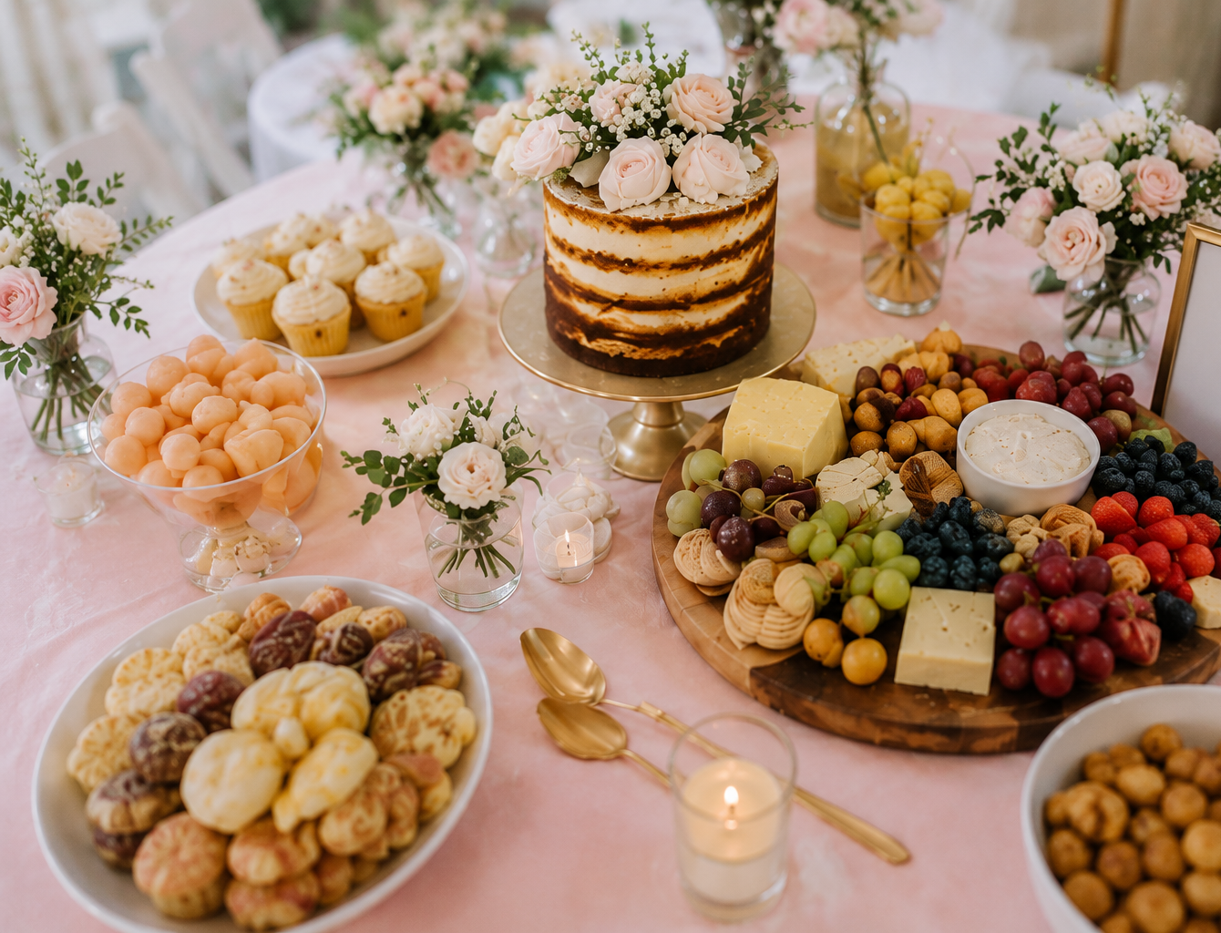 A beautifully arranged dessert table featuring a multi-layered cake adorned with pink roses, assorted cupcakes, fresh fruits, cheese, and decorative candles. The table is elegantly dressed in a pink linen with floral centerpieces.